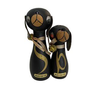 Vintage 1960s Black Wooden Dog Salt & Pepper Shakers – Side‑Magnetic – MCM
